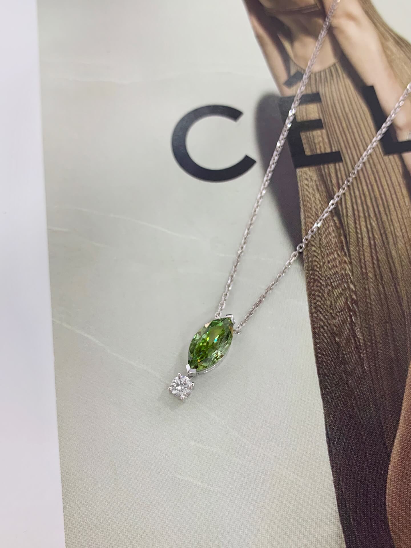 Marquise cut lab grown green diamond pendant necklace