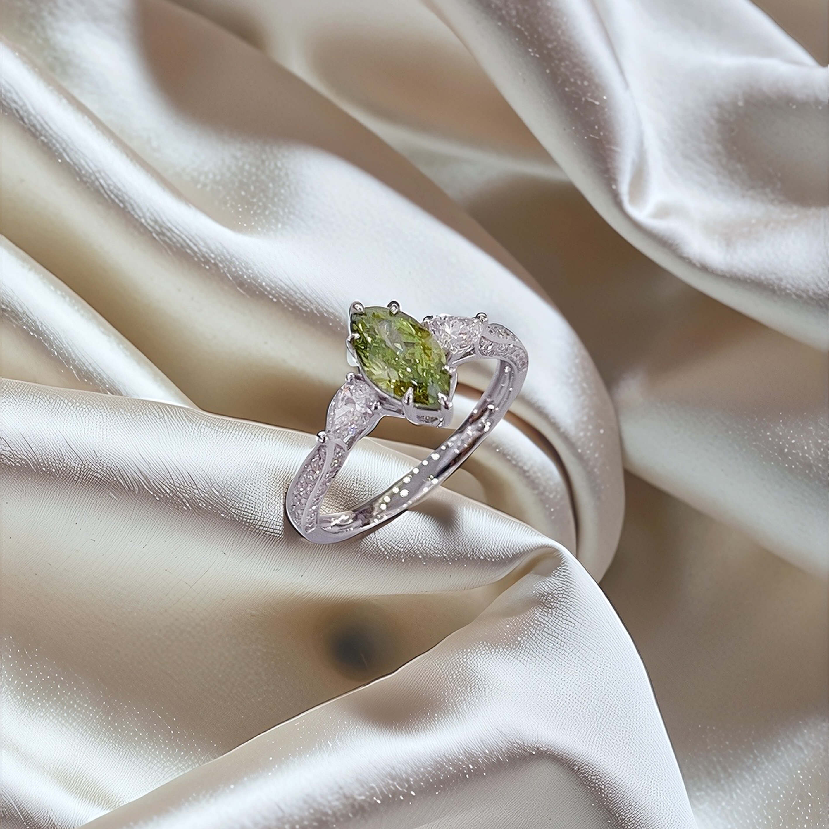 Marquise cut lab grown green diamond three stones engagement ring