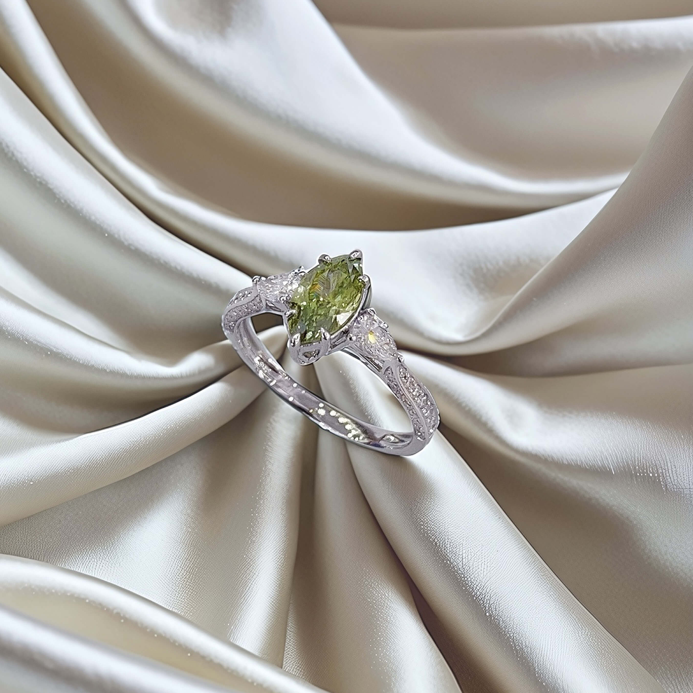 Marquise cut lab grown green diamond three stones engagement ring