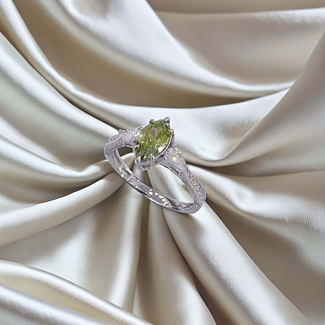 Marquise cut lab grown green diamond three stones engagement ring