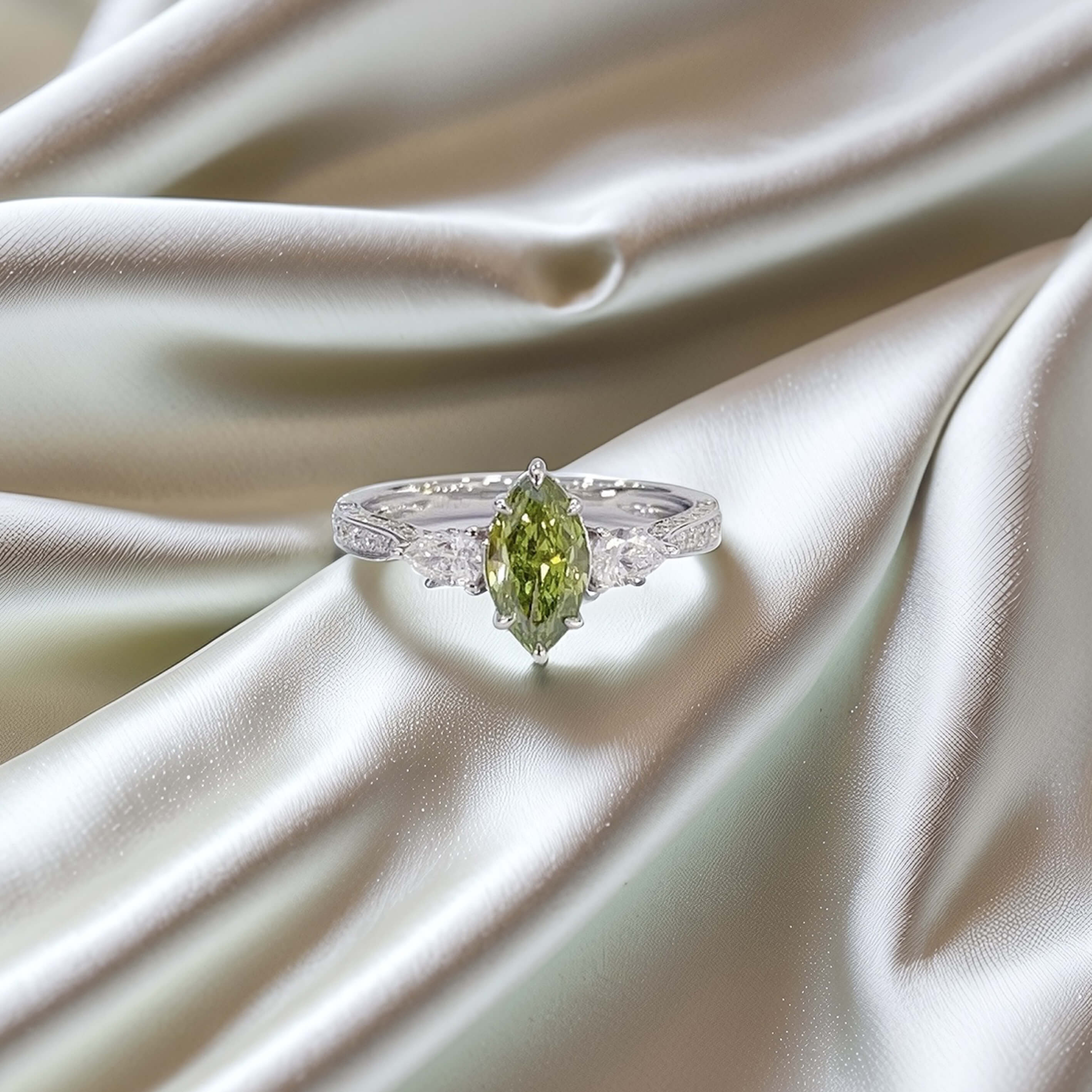 Marquise cut lab grown green diamond three stones engagement ring