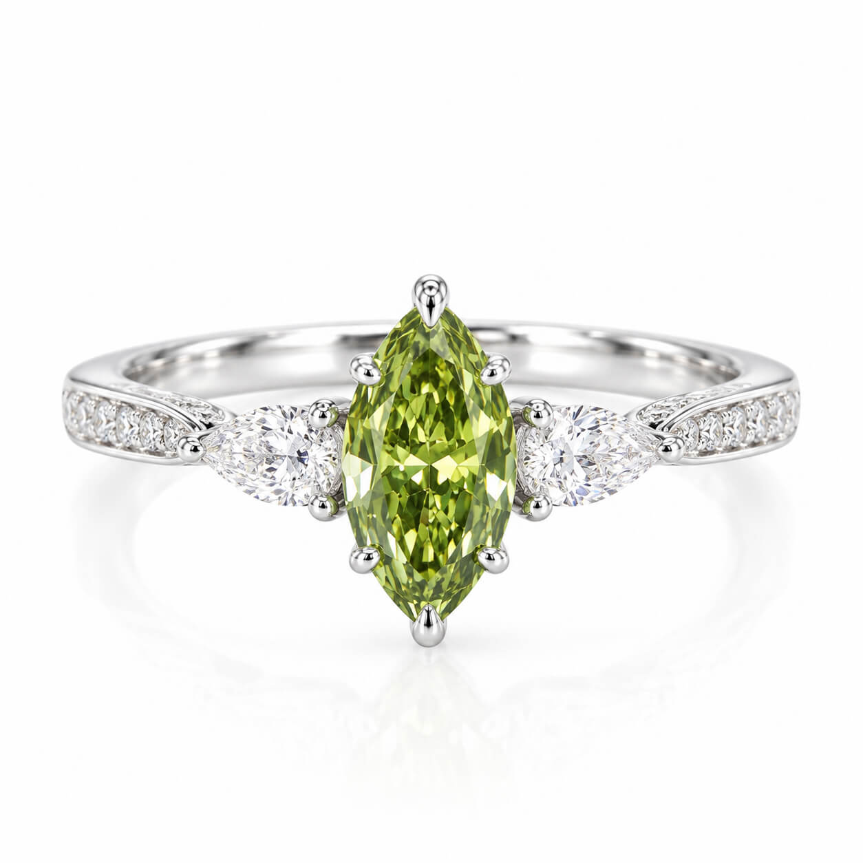 Marquise cut lab grown green diamond three stones engagement ring