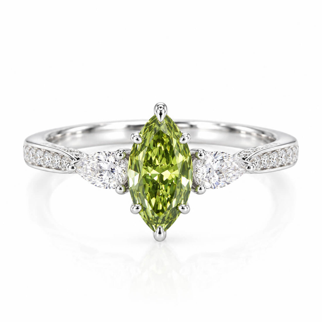 Marquise cut lab grown green diamond three stones engagement ring