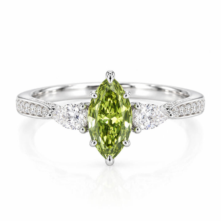 Marquise cut lab grown green diamond three stones engagement ring
