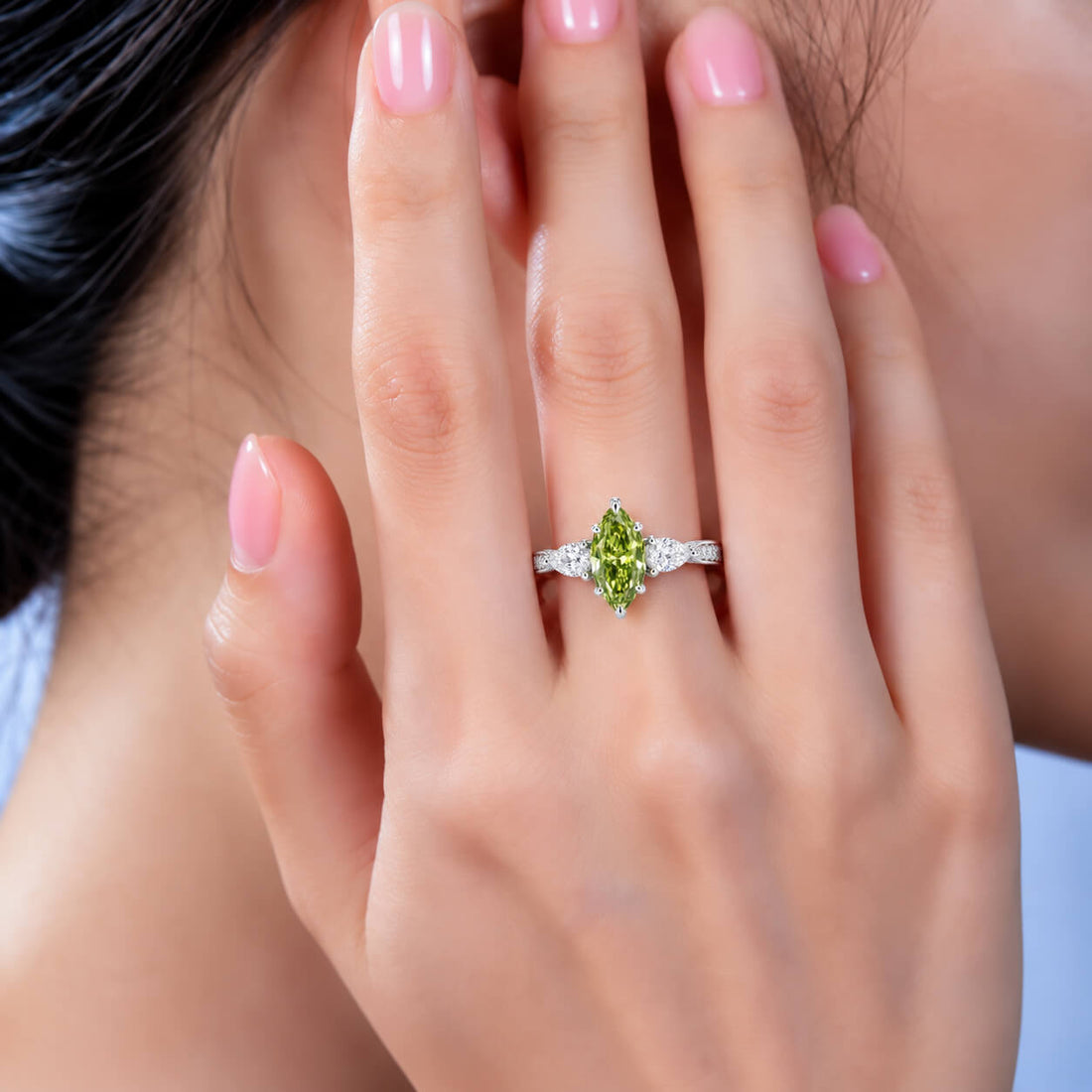 Marquise cut lab grown green diamond three stones engagement ring