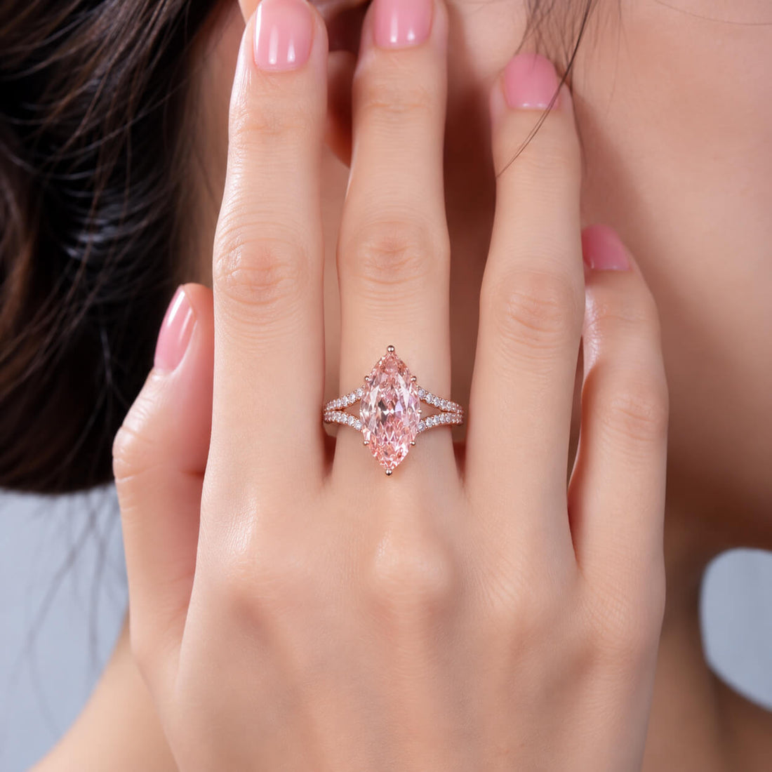 Marquise cut lab grown pink diamond engagement ring