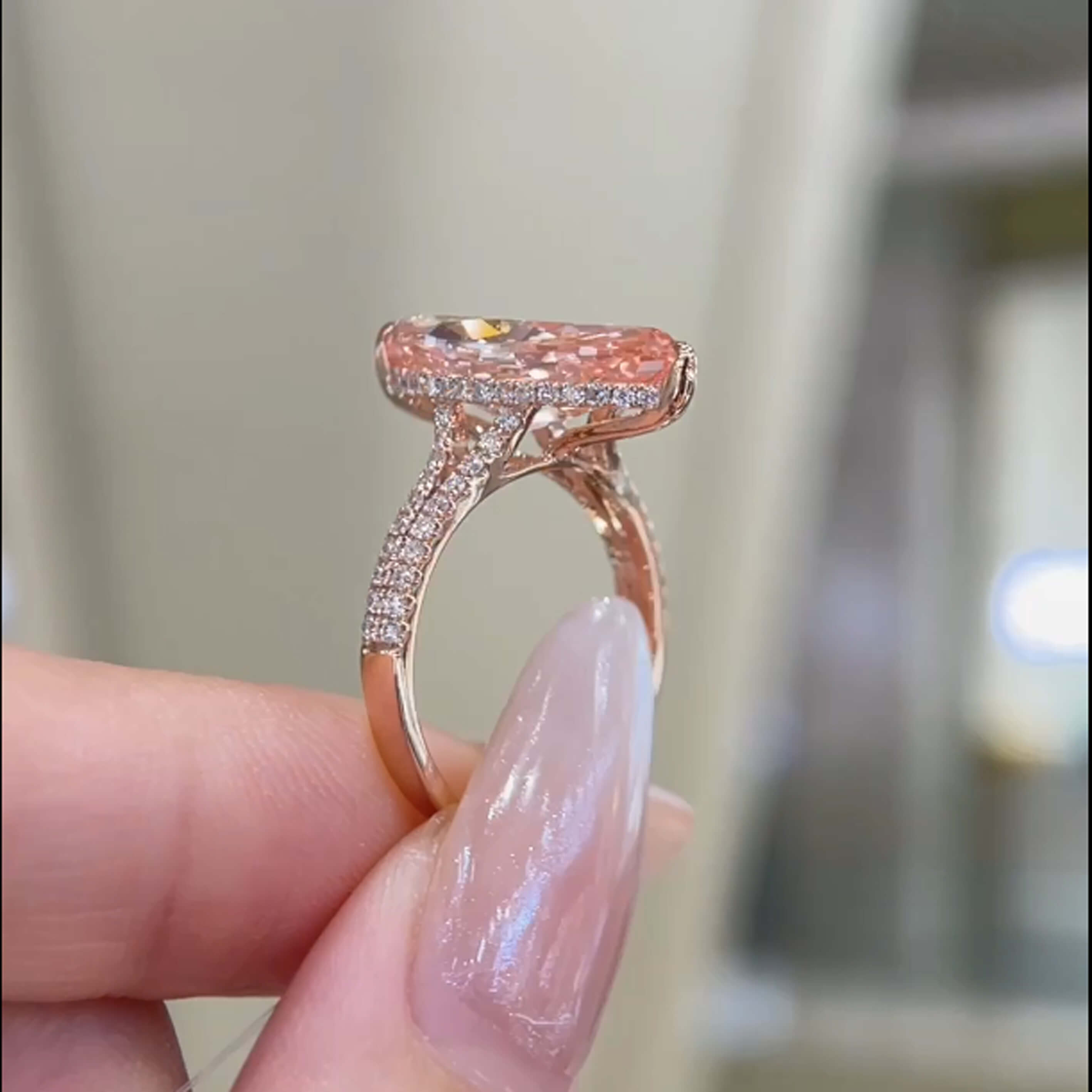 Marquise cut lab grown pink diamond engagement ring
