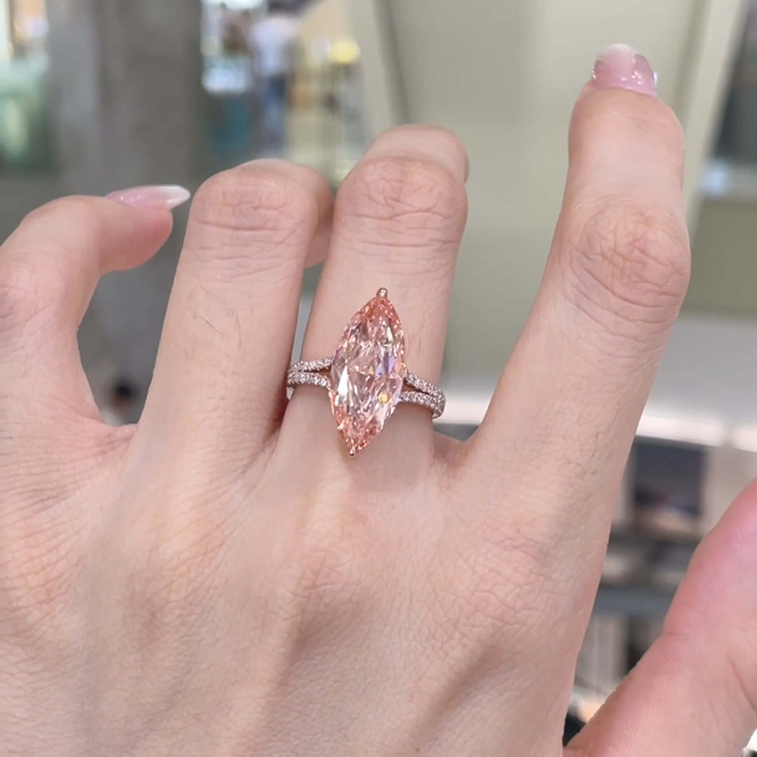 Marquise cut lab grown pink diamond engagement ring
