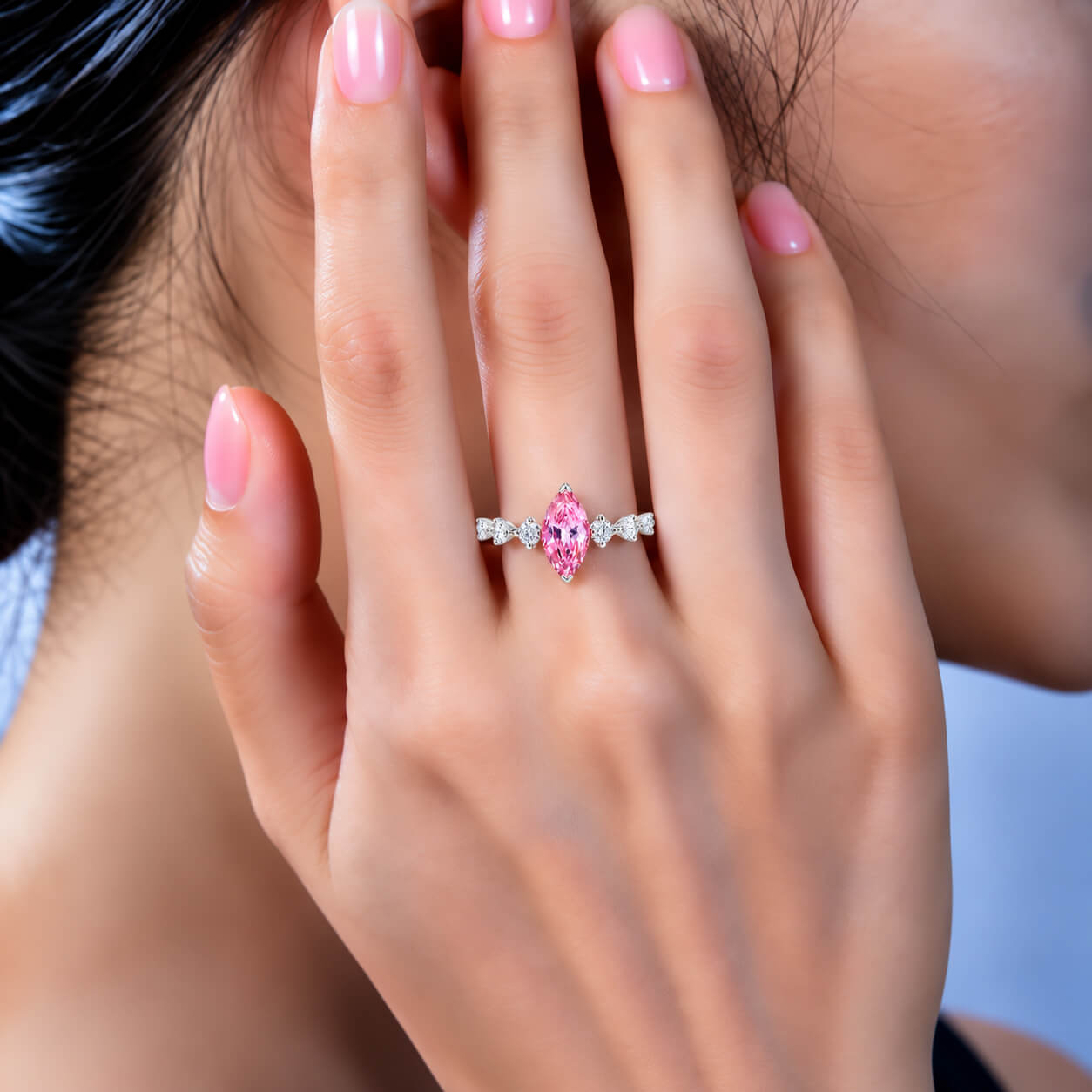 Marquise cut lab grown pink diamond engagement ring