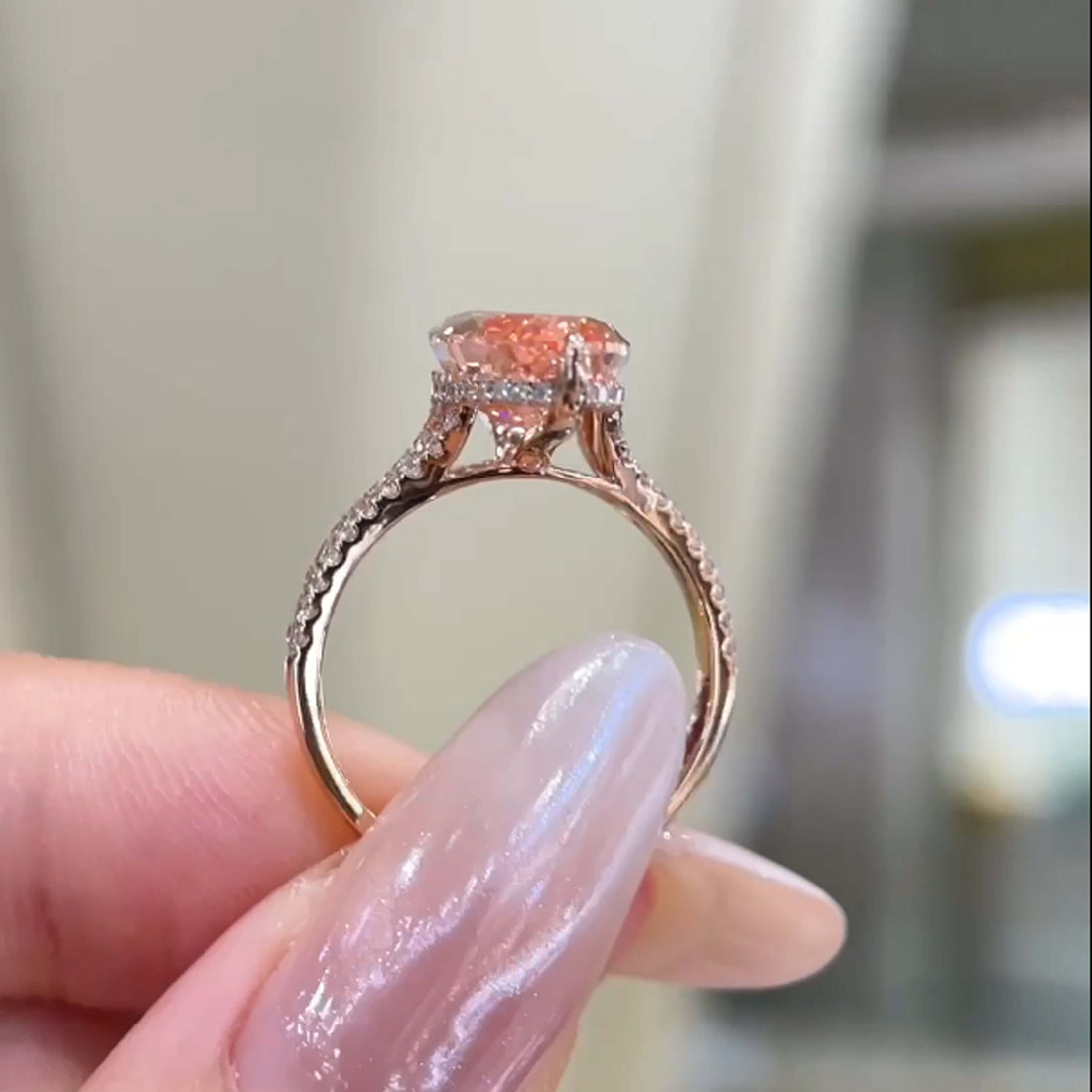 Marquise cut lab grown pink diamond engagement ring
