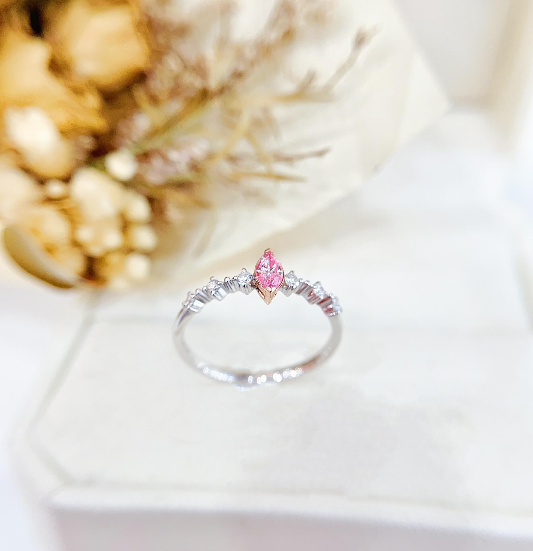 Marquise cut lab grown pink diamond engagement ring