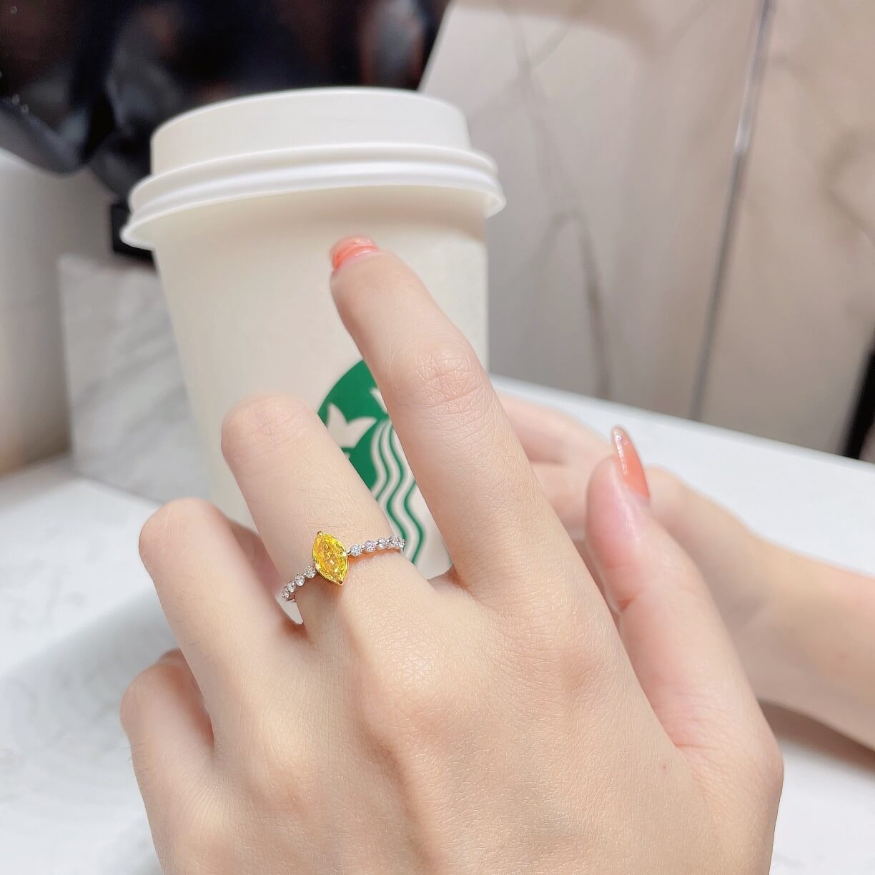 Marquise cut lab grown yellow diamond engagement ring