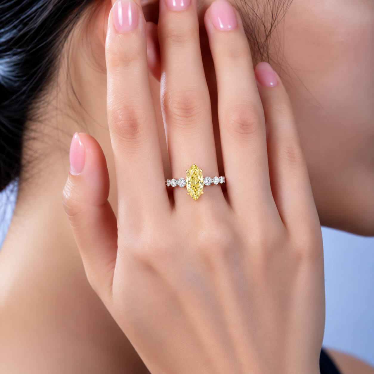 Marquise cut lab grown yellow diamond engagement ring