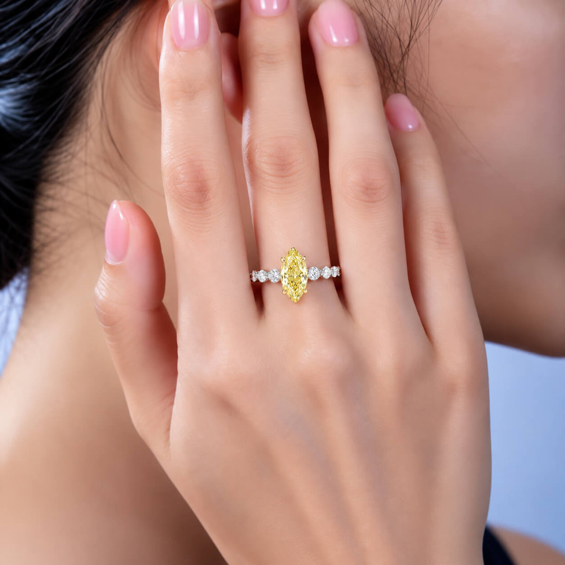 Marquise cut lab grown yellow diamond engagement ring