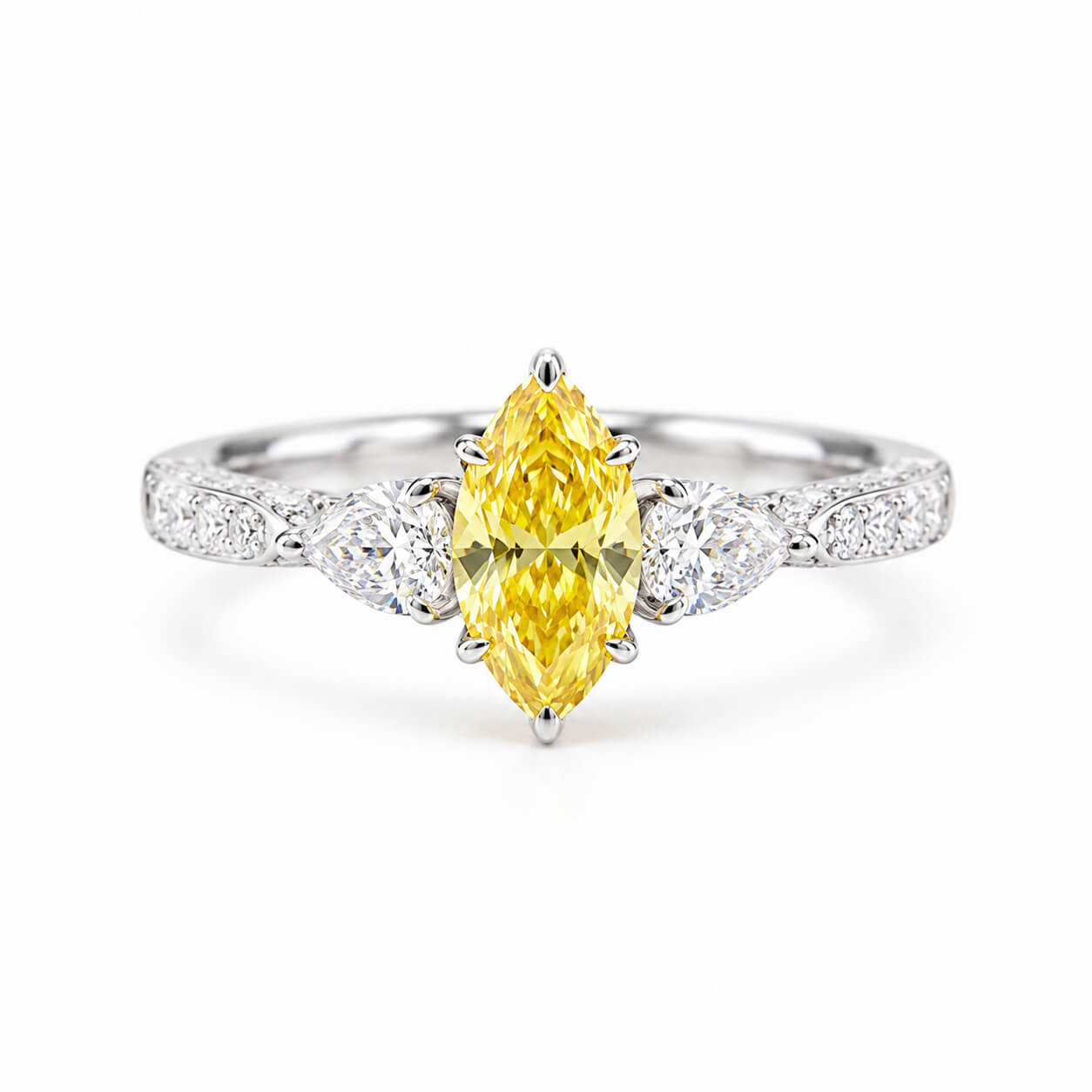 Marquise cut lab grown yellow diamond three stones engagement ring
