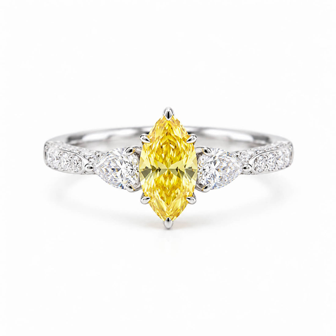Marquise cut lab grown yellow diamond three stones engagement ring