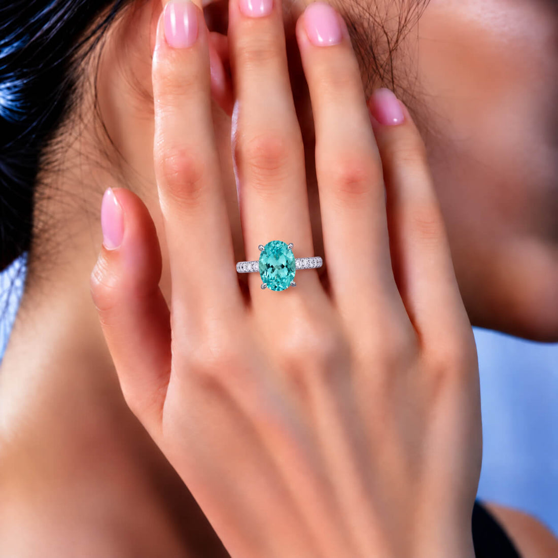 Oval cut  lab grown Paraiba engagement ring