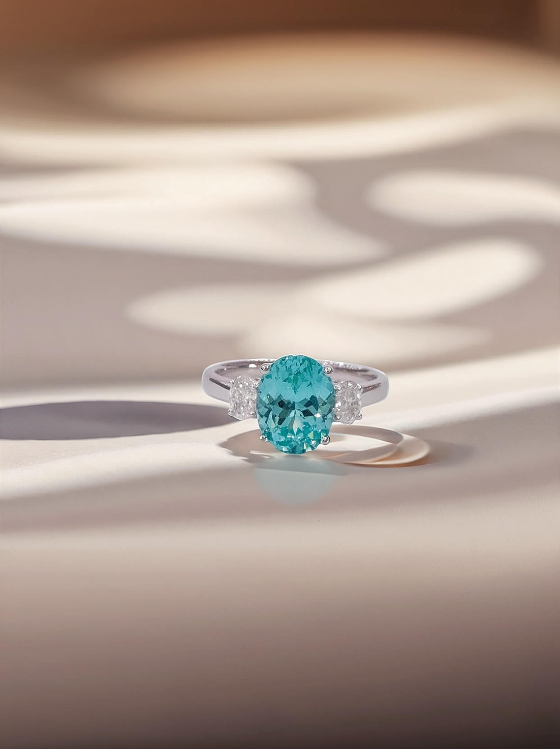 Oval cut  lab grown Paraiba three stones engagement ring