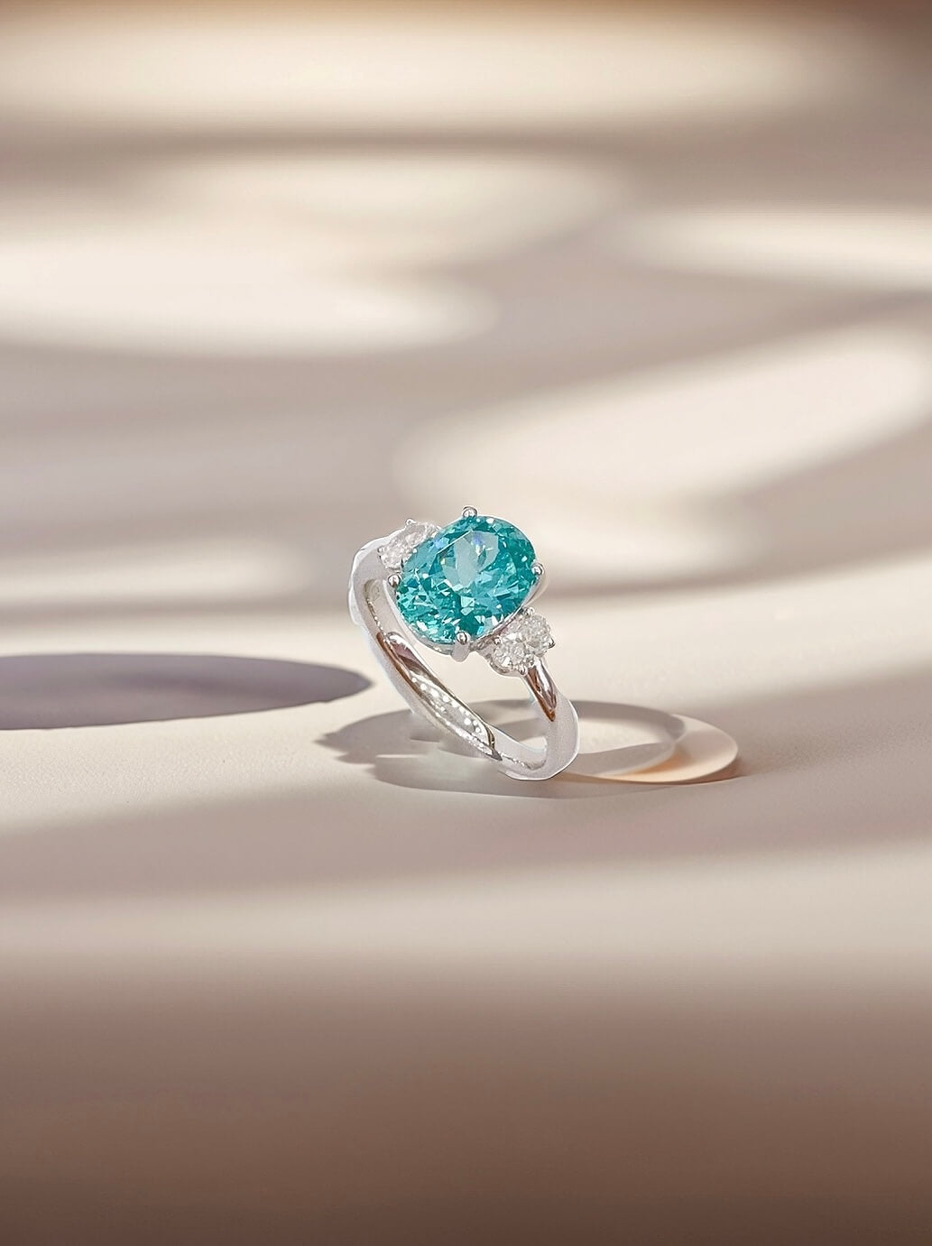 Oval cut  lab grown Paraiba three stones engagement ring