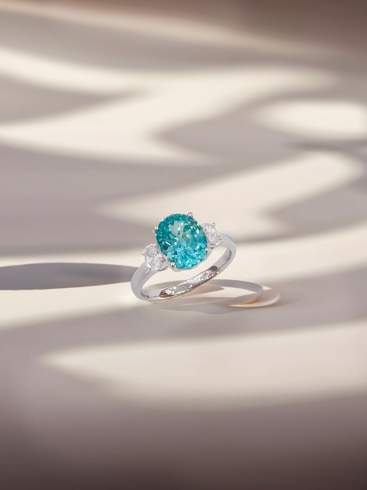 Oval cut  lab grown Paraiba three stones engagement ring