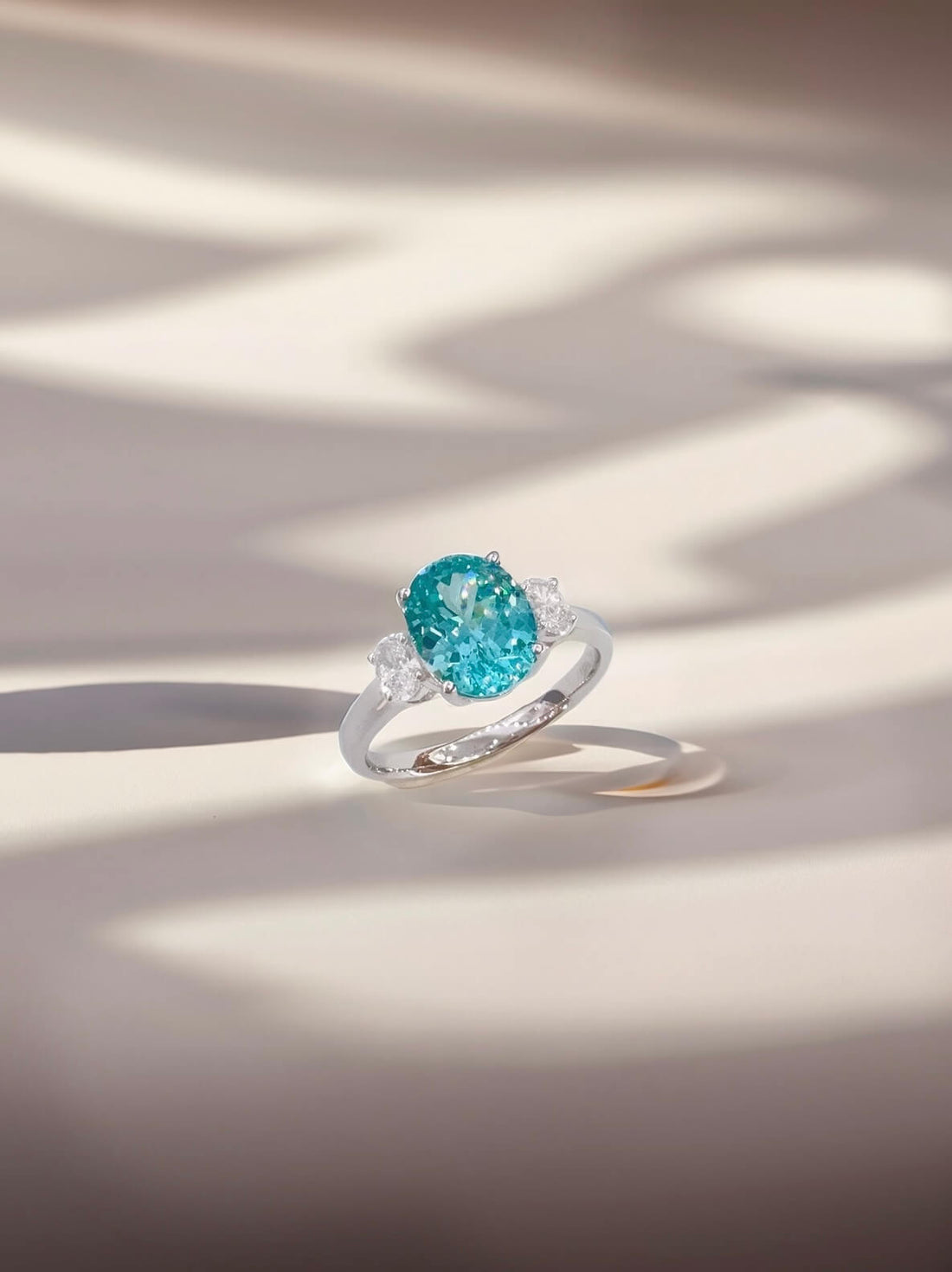Oval cut  lab grown Paraiba three stones engagement ring