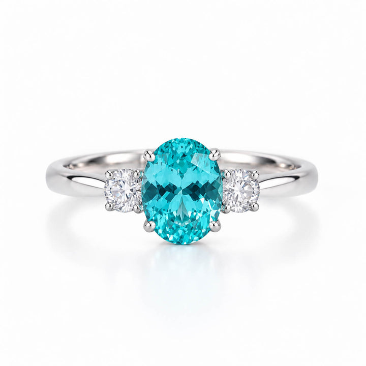 Oval cut  lab grown Paraiba three stones engagement ring