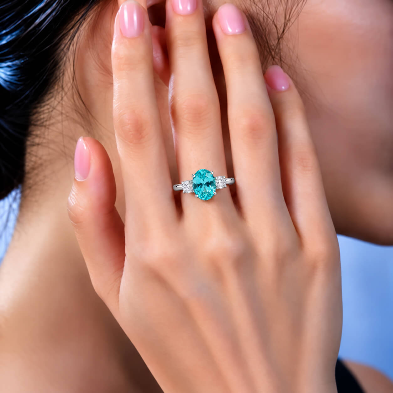 Oval cut  lab grown Paraiba three stones engagement ring