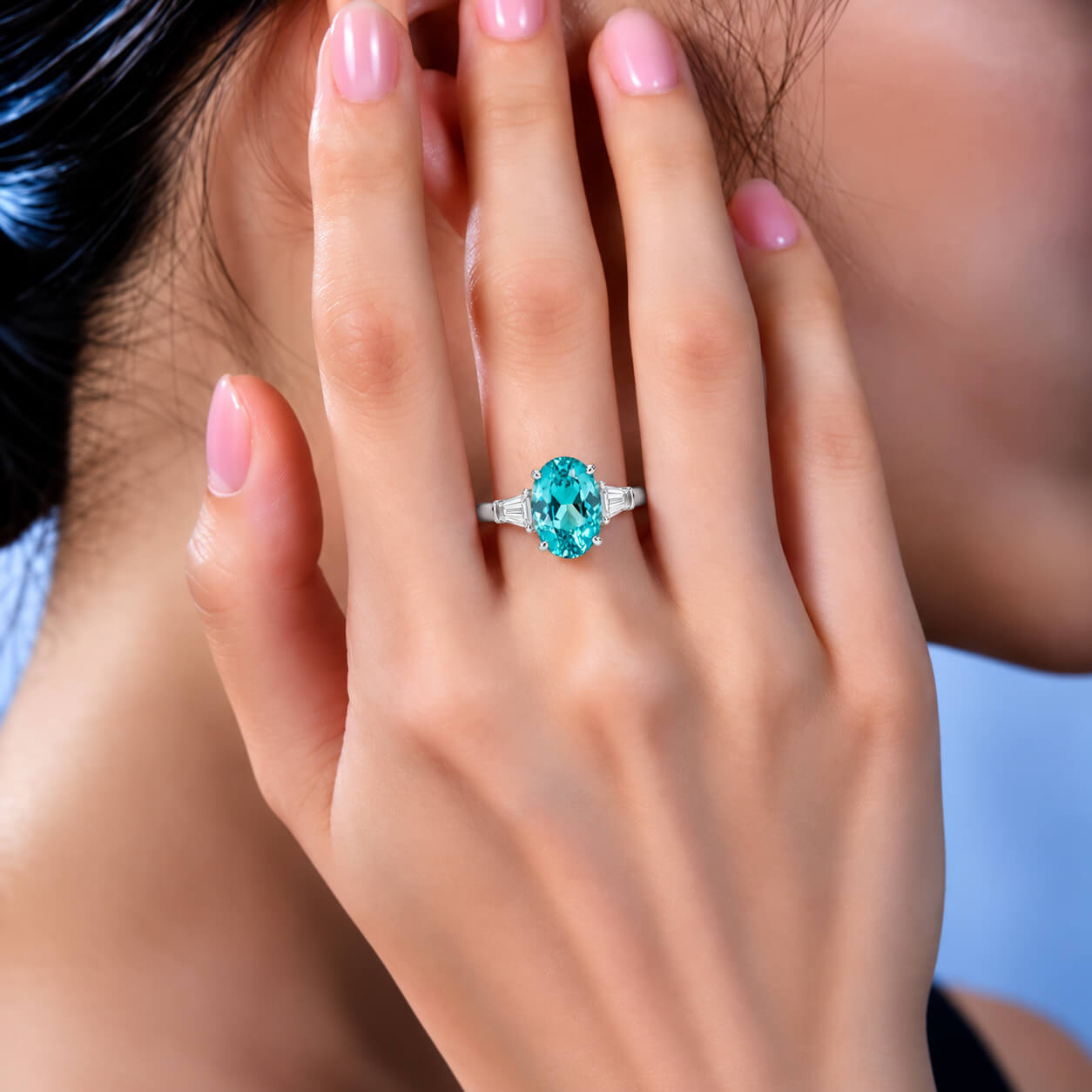 Oval cut  lab grown Paraiba three stones engagement ring