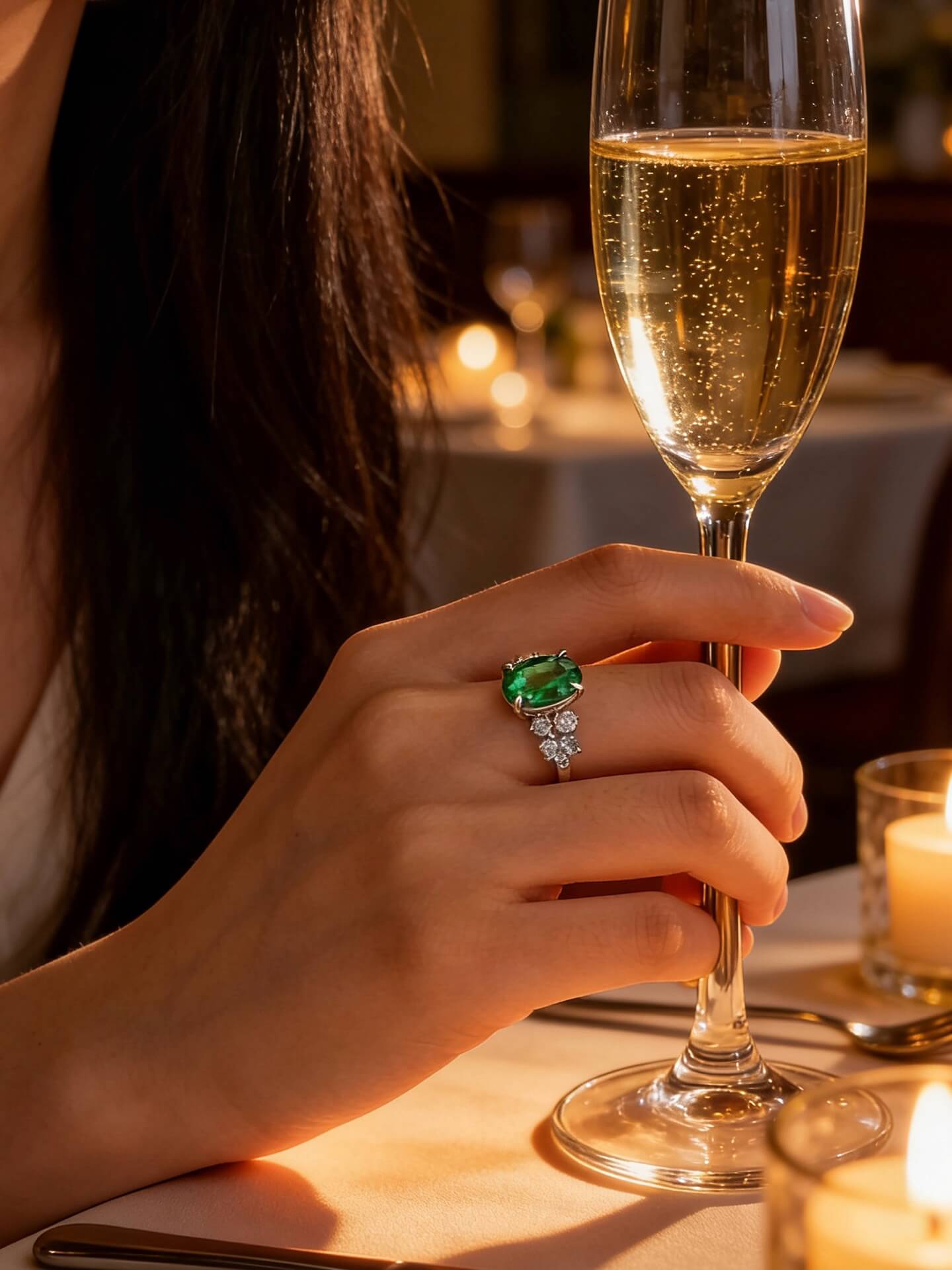 Oval cut lab grown emerald engagement ring