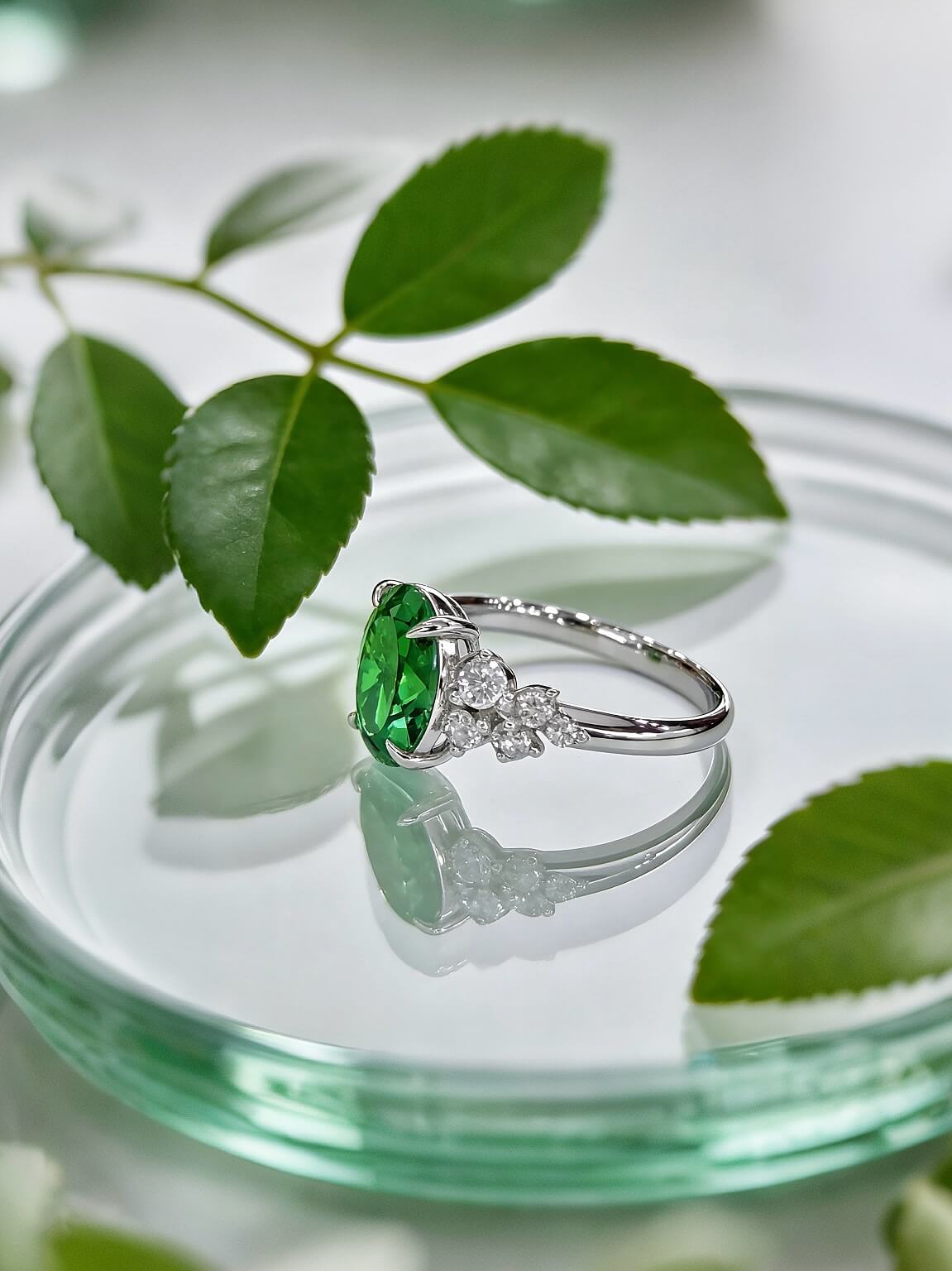 Oval cut lab grown emerald engagement ring