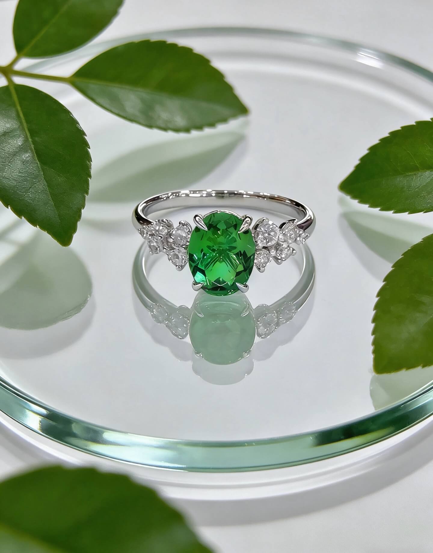 Oval cut lab grown emerald engagement ring