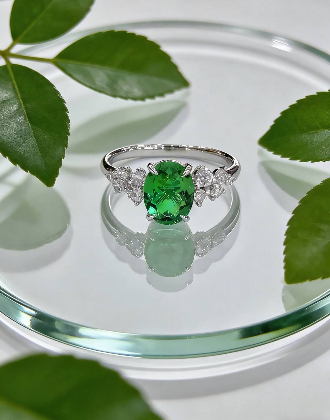 Oval cut lab grown emerald engagement ring