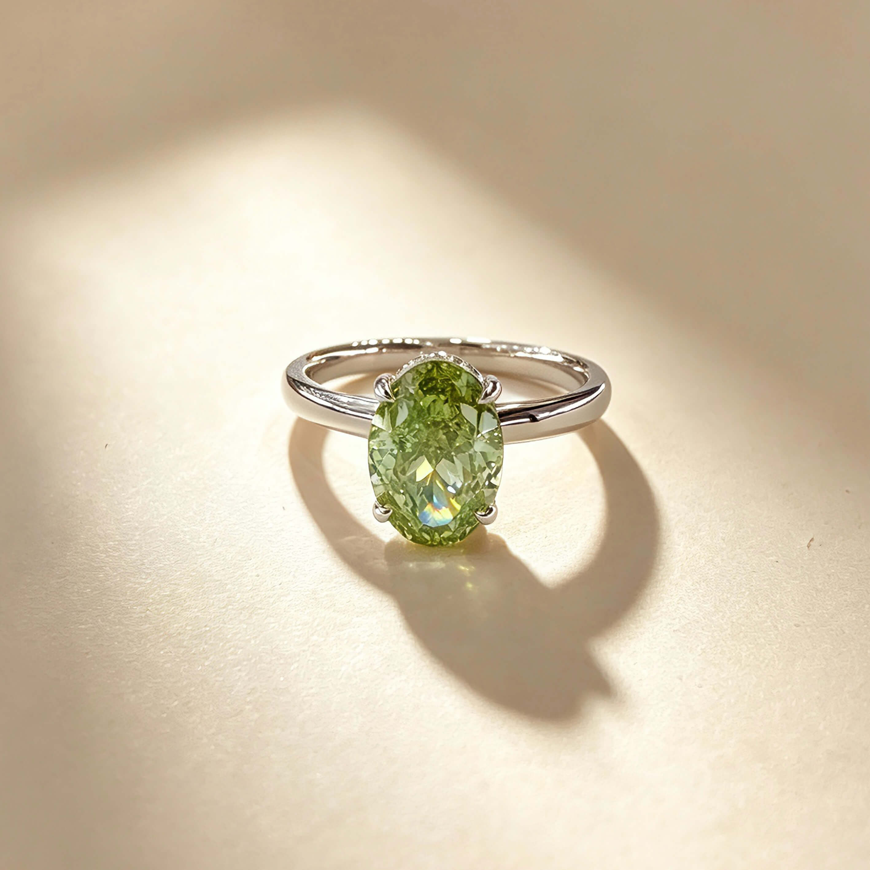 Oval cut lab grown green diamond engagement ring