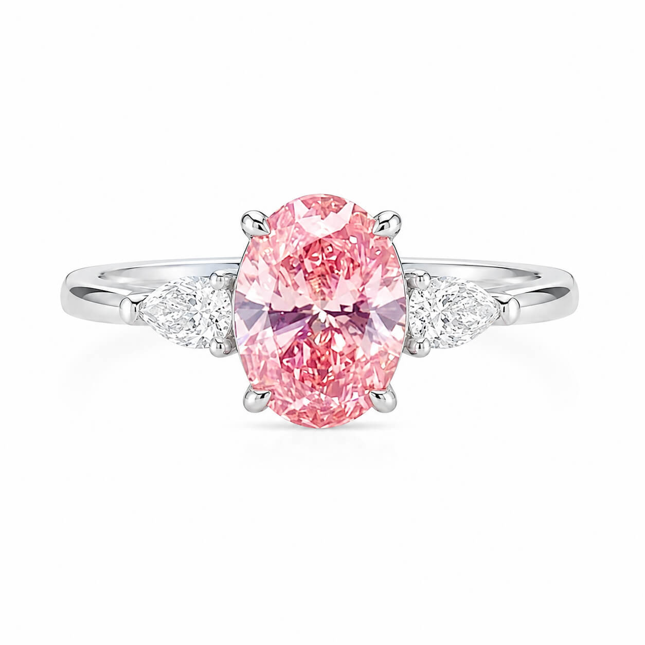 Oval cut lab grown pink diamond three stones engagement ring