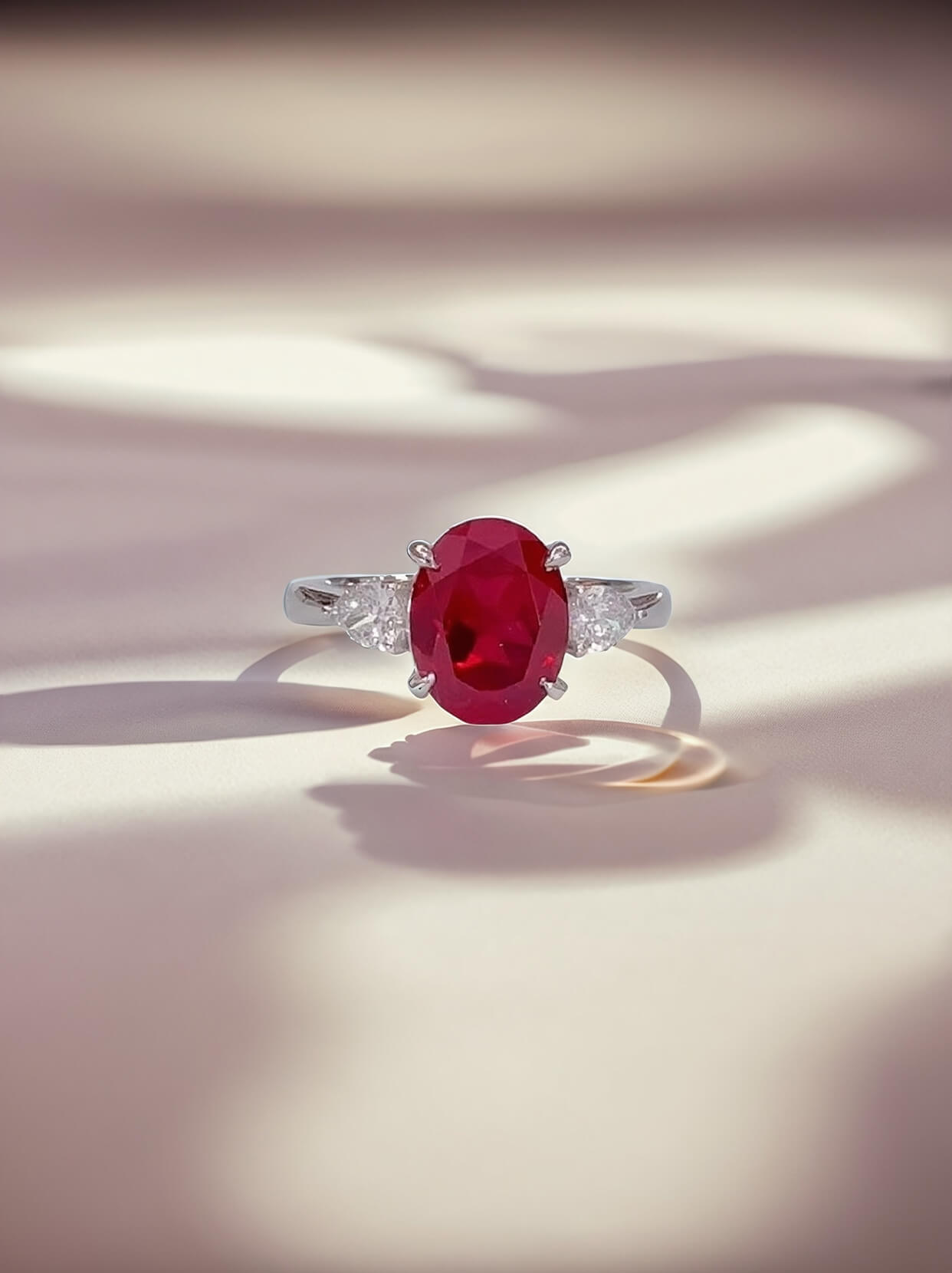 Oval cut lab grown ruby three stones engagement ring