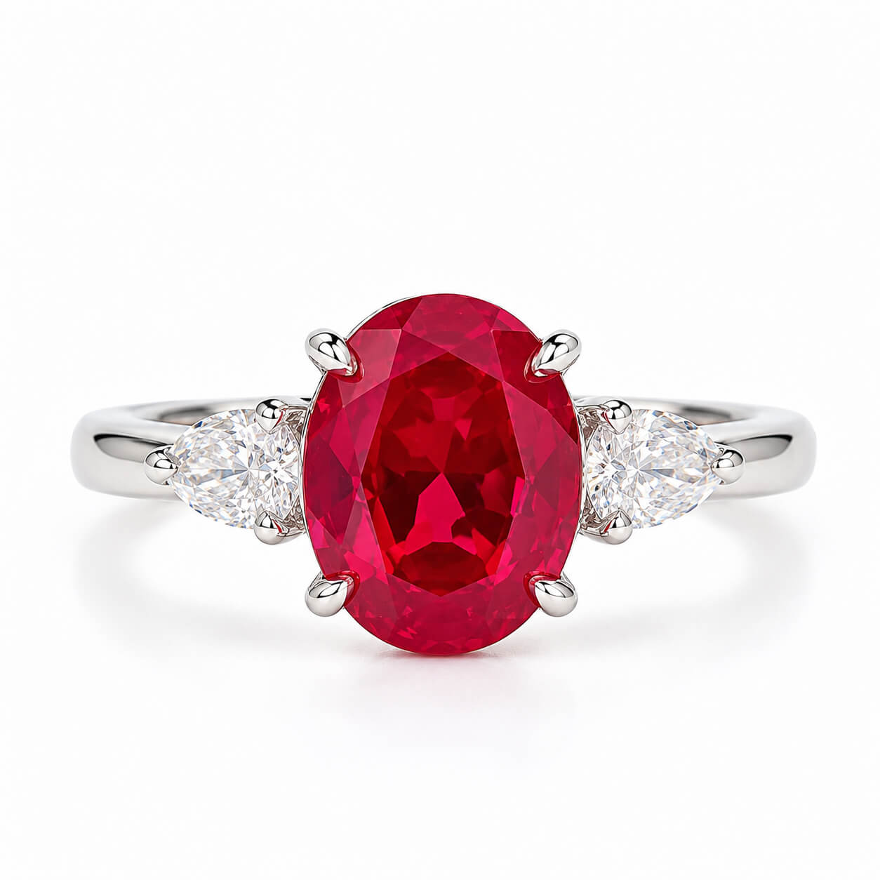 Oval cut lab grown ruby three stones engagement ring