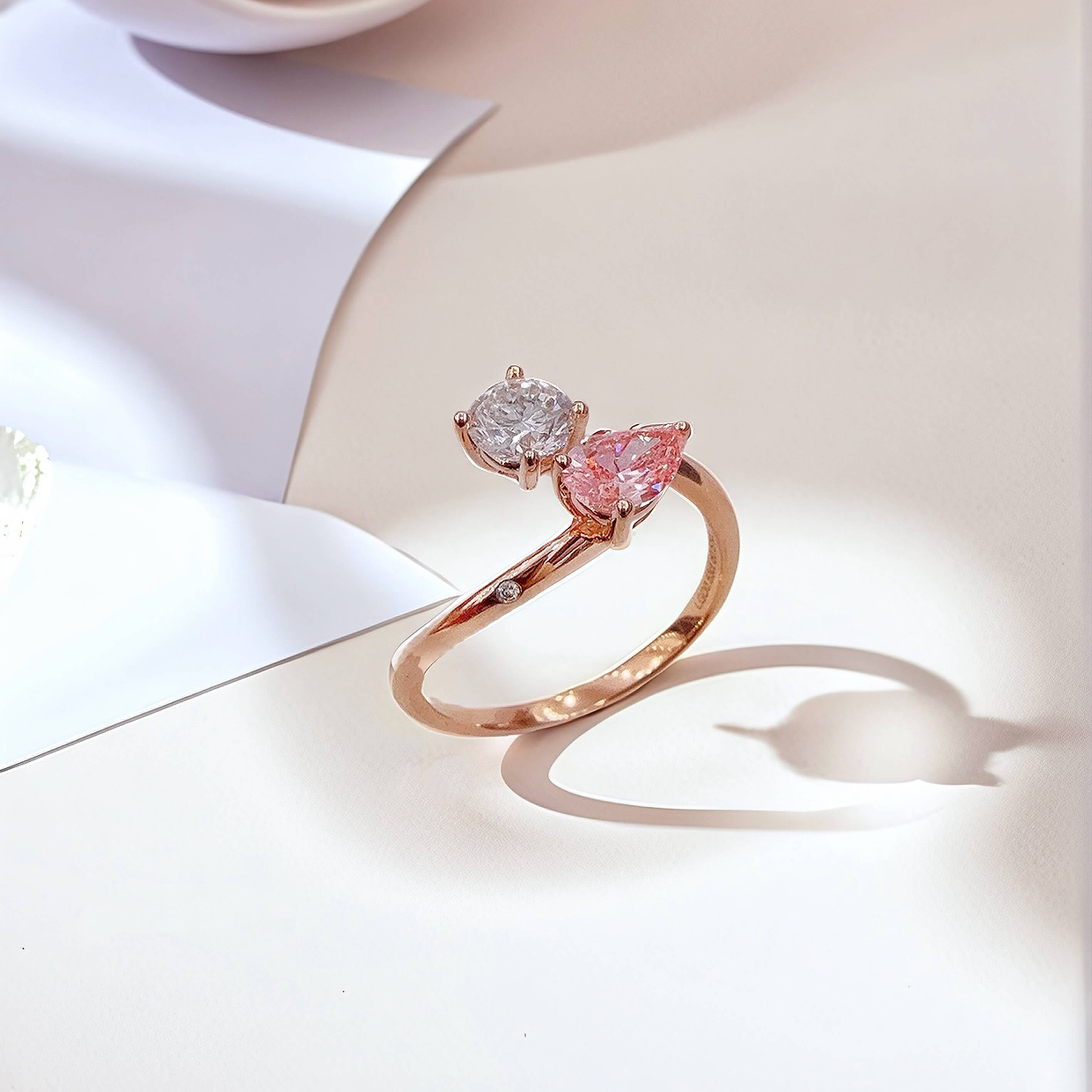 Pear and round cut lab grown diamond engagement ring