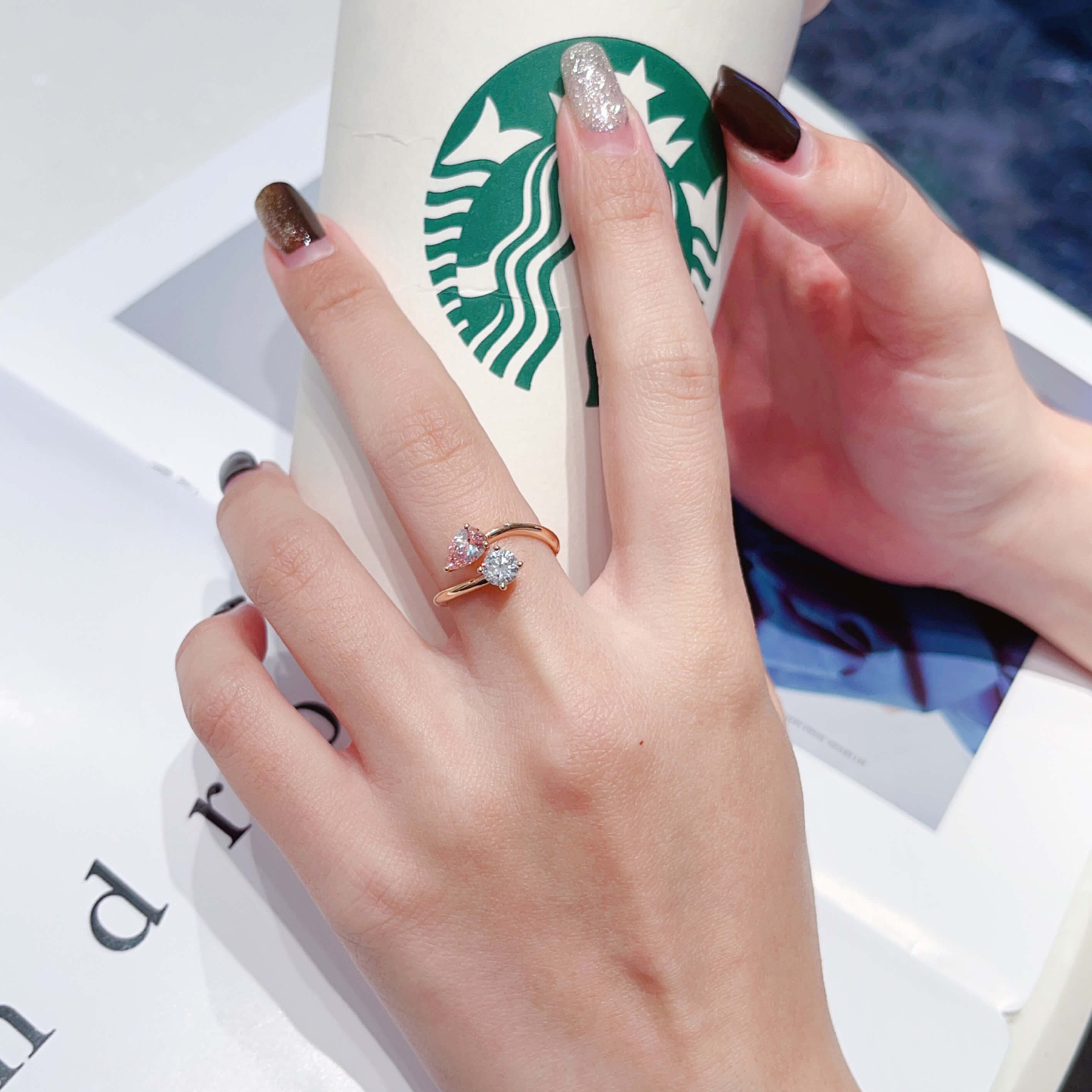 Pear and round cut lab grown diamond engagement ring