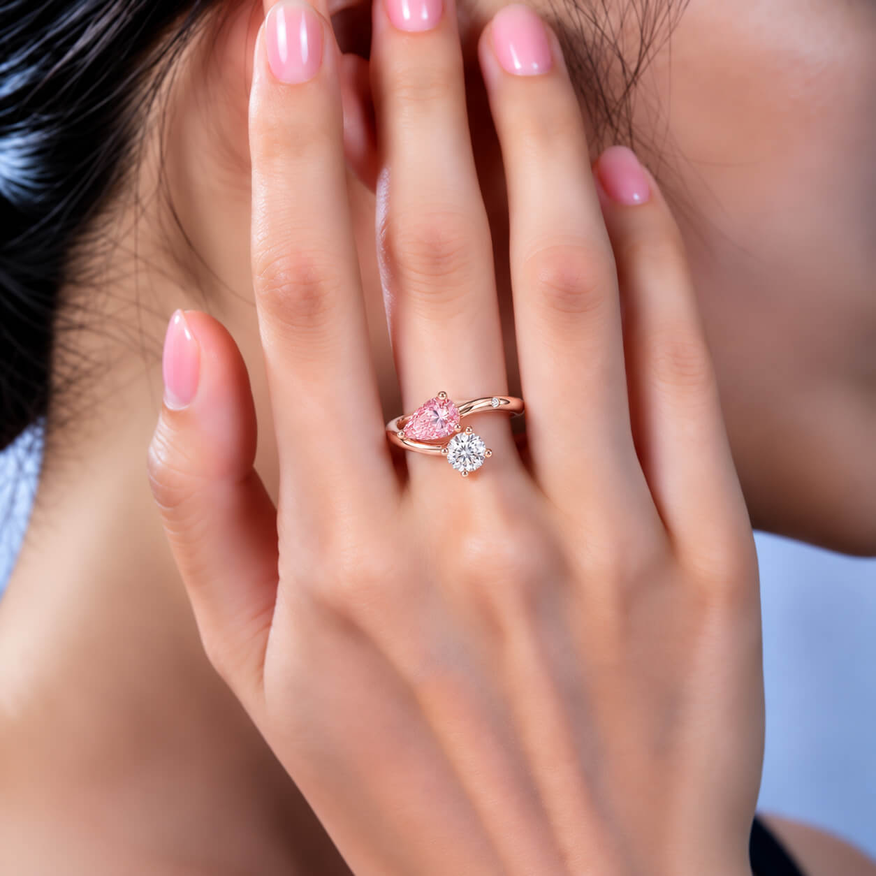 Pear and round cut lab grown diamond engagement ring