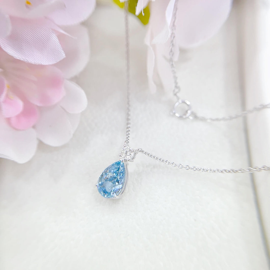 Pear cut lab grown blue diamond pendant necklace
