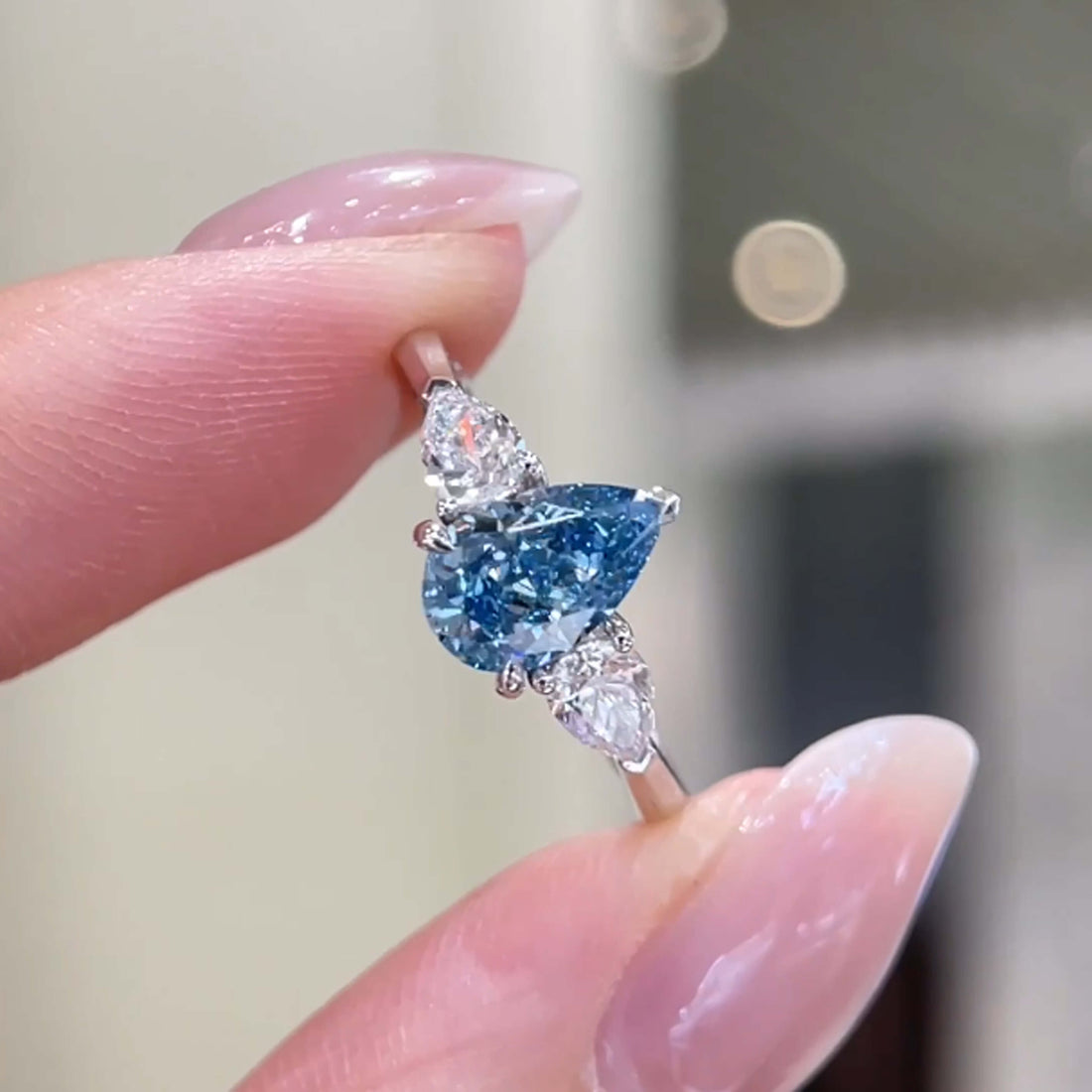 18K gold pear lab grown blue diamond three stones engagement ring