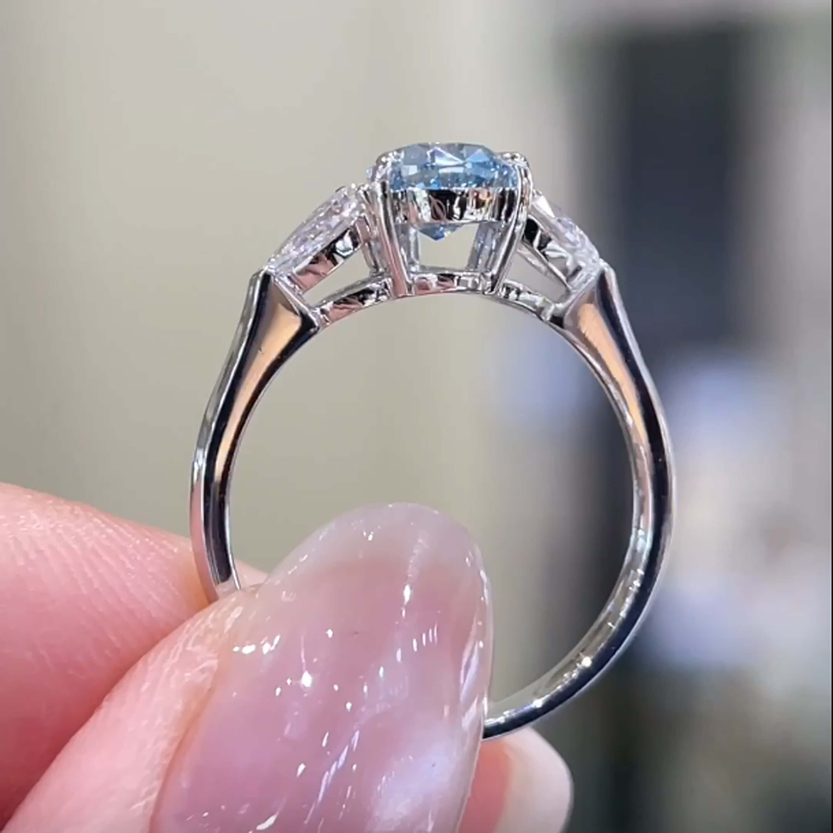 18K gold pear lab grown blue diamond three stones engagement ring