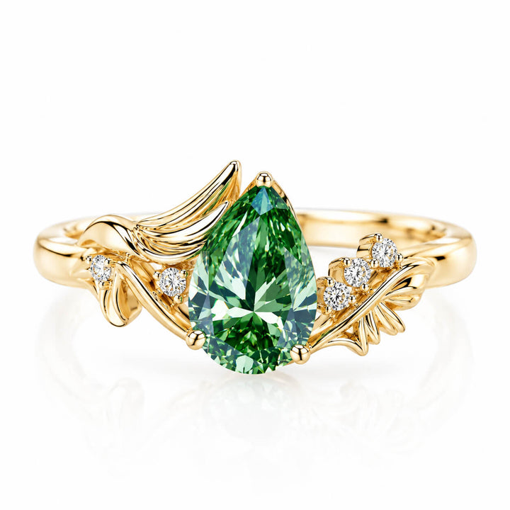 Pear cut lab grown green diamond engagement ring