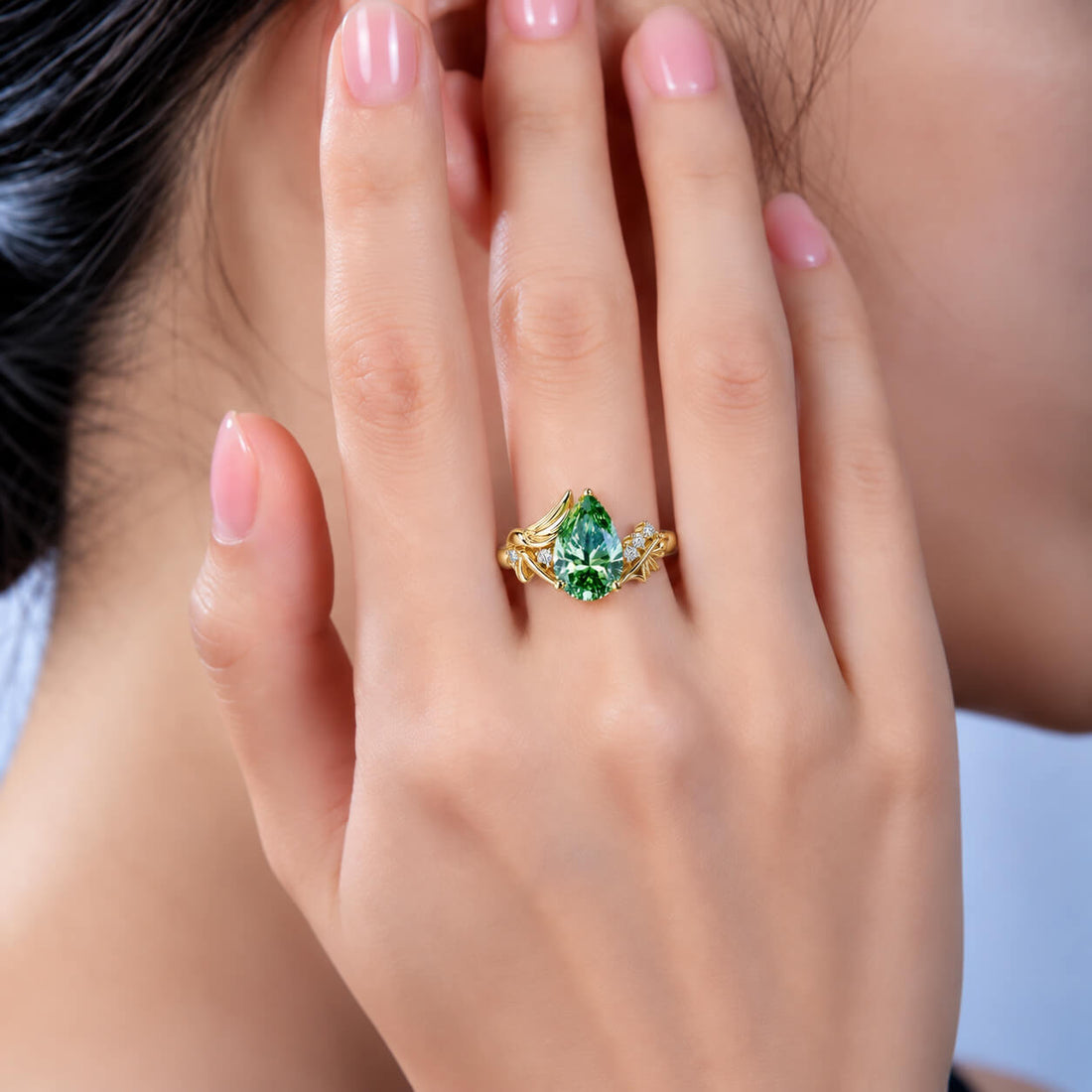 Pear cut lab grown green diamond engagement ring