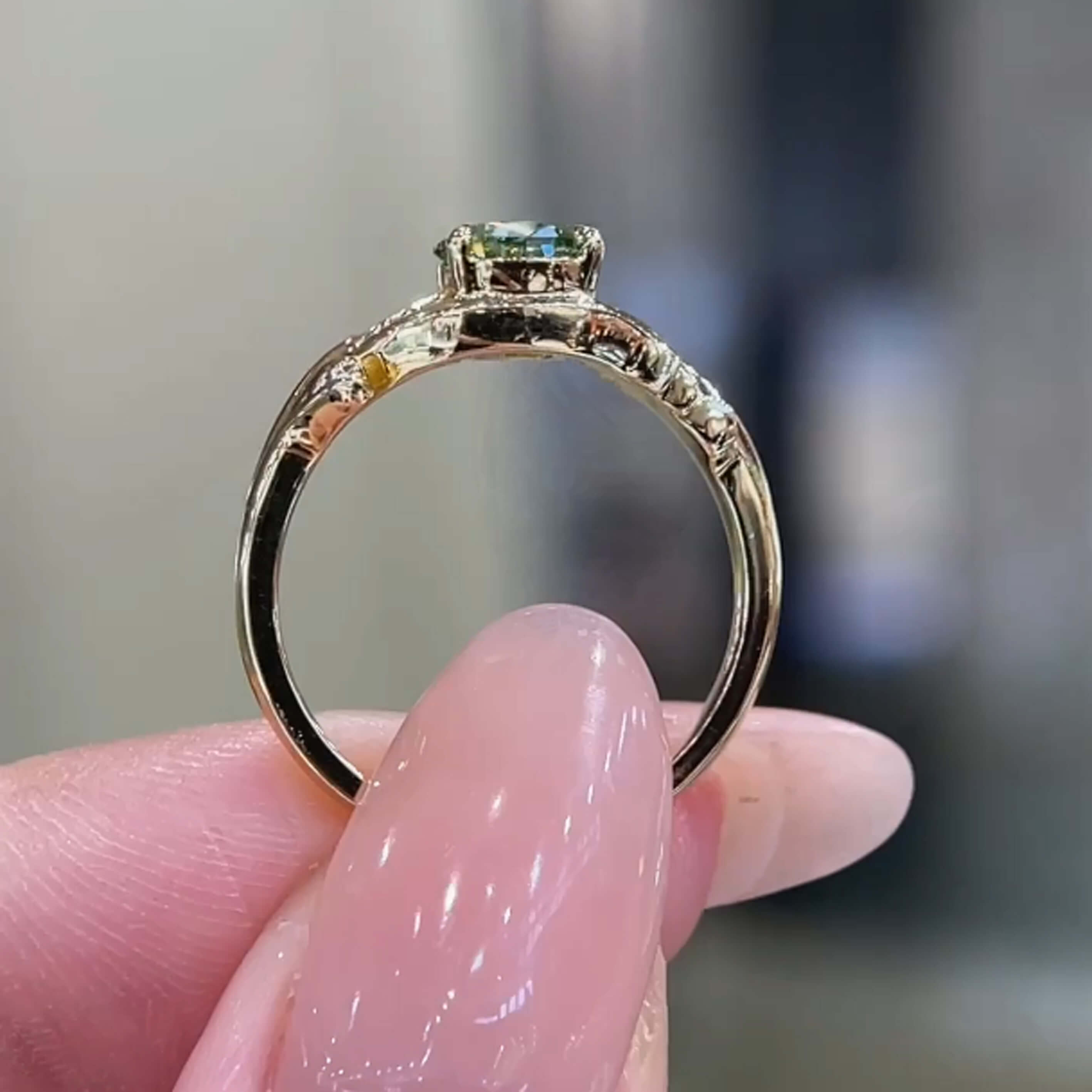 Pear cut lab grown green diamond engagement ring