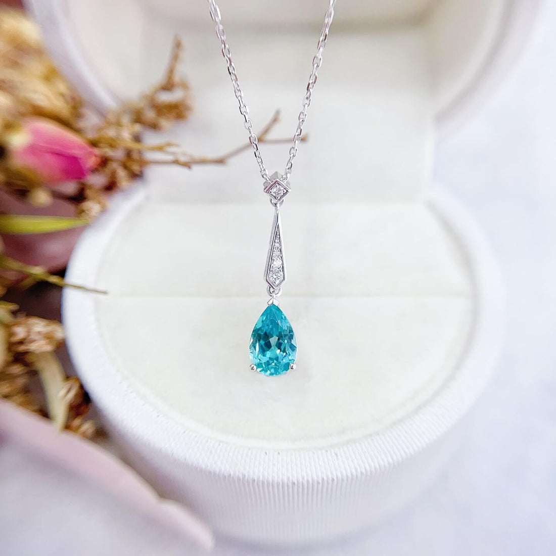 Pear cut lab grown paraiba pendant necklace