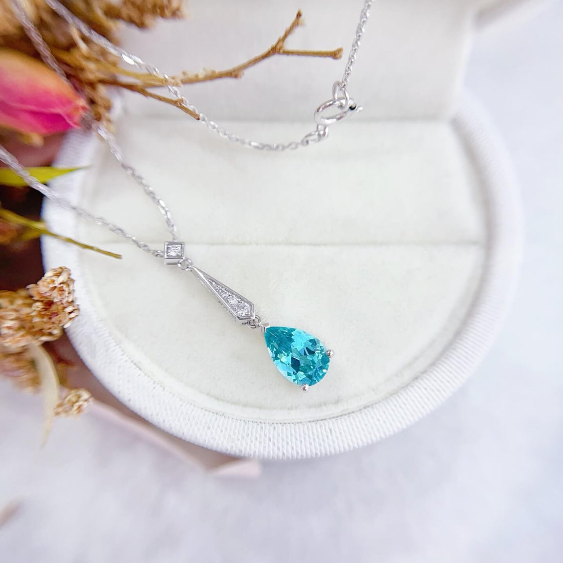 Pear cut lab grown paraiba pendant necklace