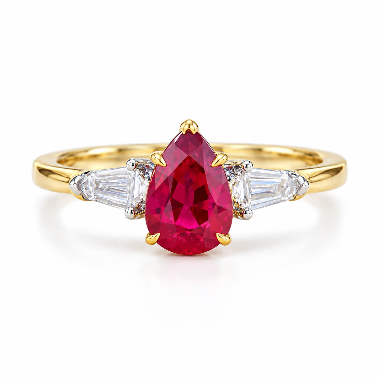 Pear cut lab grown ruby three stones engagement ring