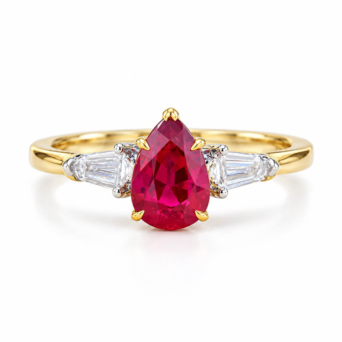 Pear cut lab grown ruby three stones engagement ring