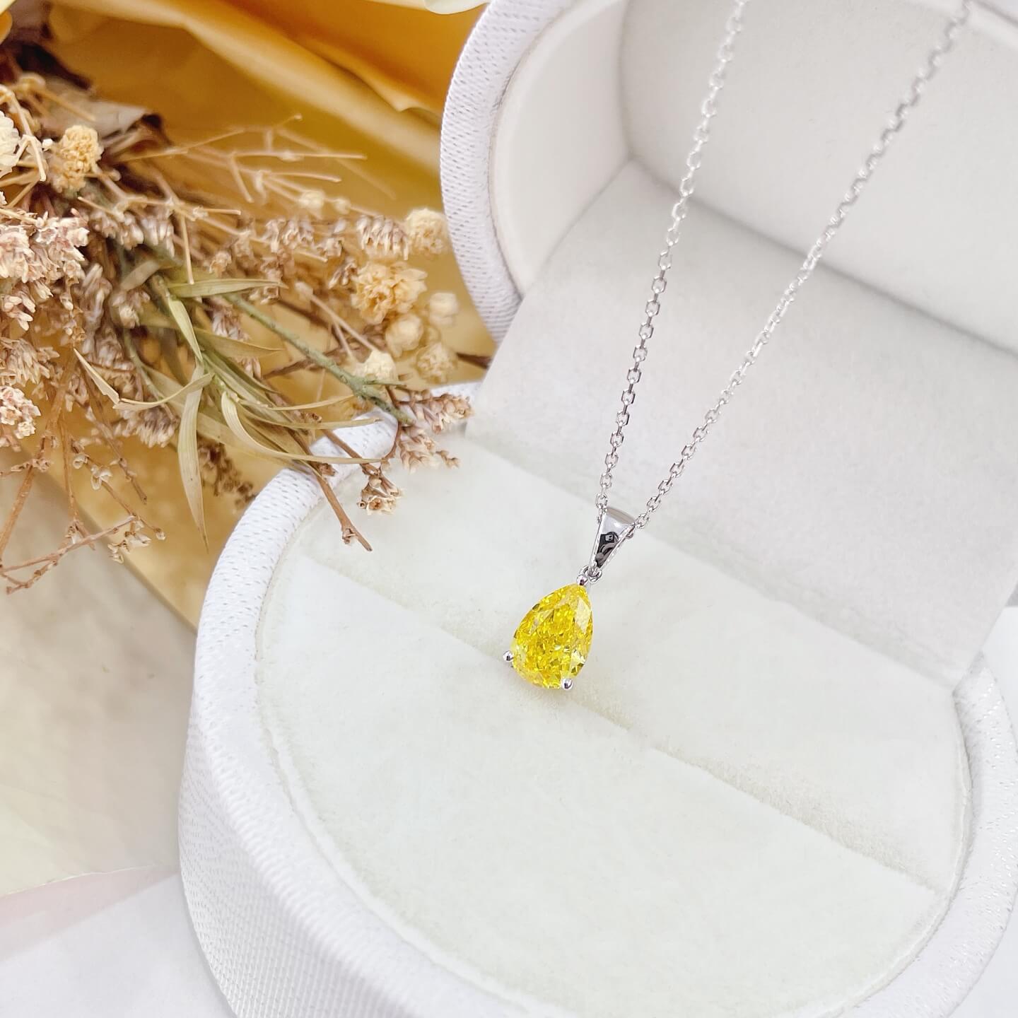 Pear cut lab grown yellow diamond pendant necklace